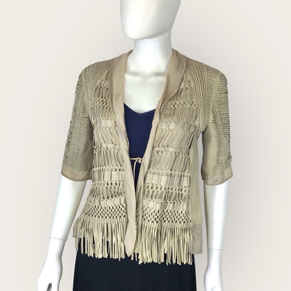 Elie Tahari Suede & Silk Beige Short Sleeved Biker Boho Jacket Coat